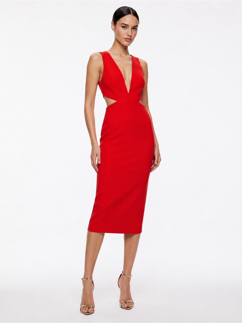 Alice + Olivia Riki red midi dress size 0 cut out aso Hannah Marin sexy cocktail